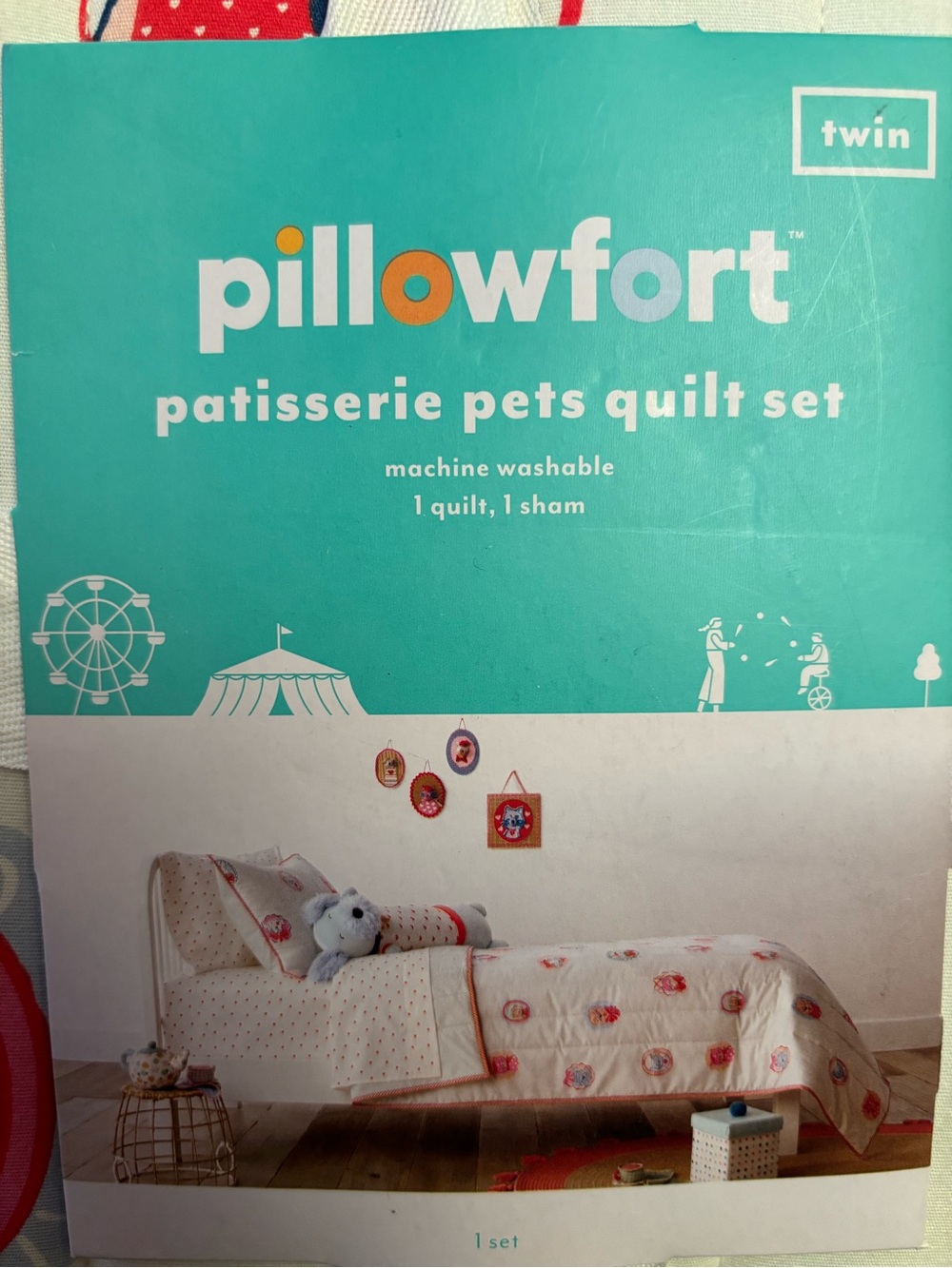 Pillowfort Patisserie Pets Quilt Set in Teal and Red Accents